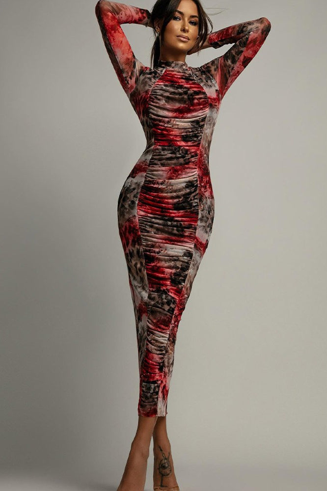 Print Ruched Mesh Long Sleeve Bodycon Maxi Dress