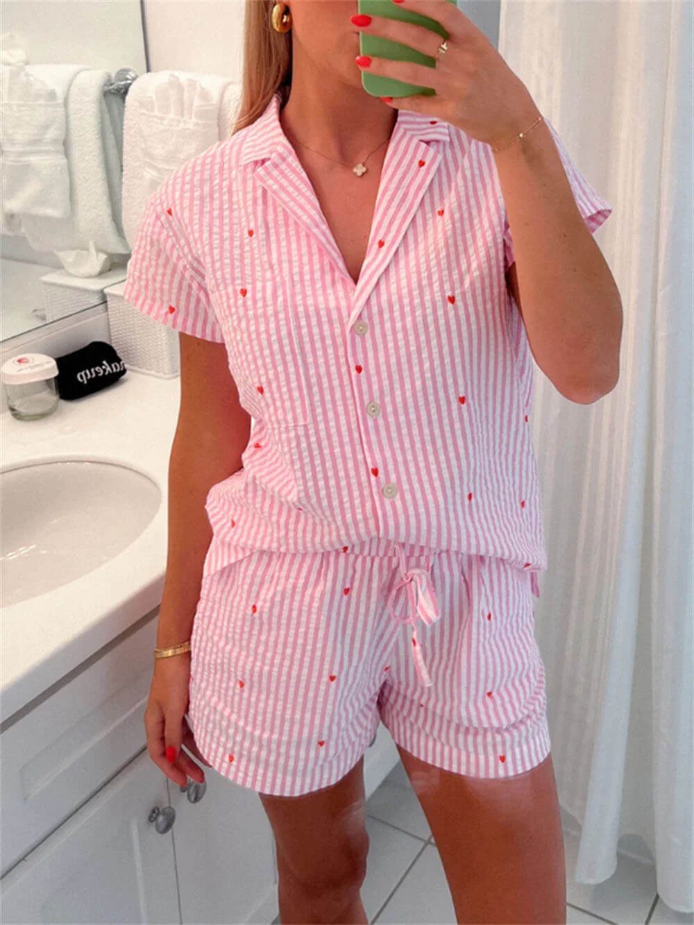 Homewear Love Striped Print Shirt Drawstring Lace Up Shorts Sets