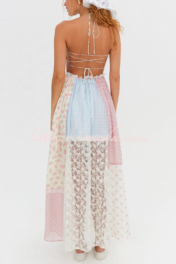 Lace Halterneck Backless Patchwork Maxi Dress