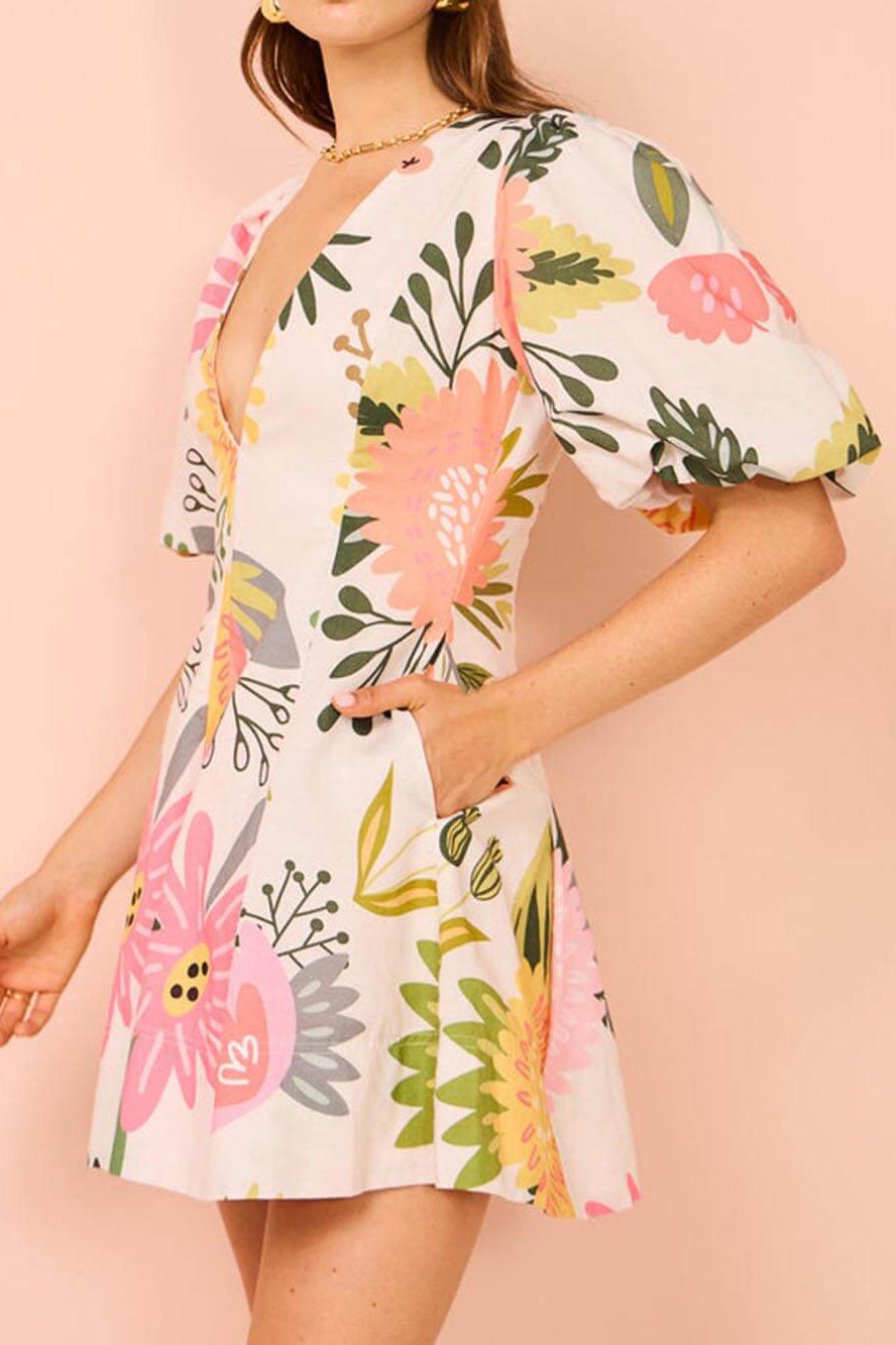 Print Puff Sleeve Pocketed Mini Dress