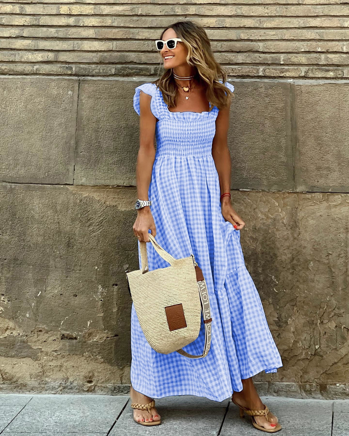 Plaid Ruffled-sleeve Smocked Maxi Dress
