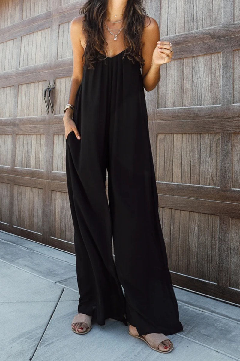 Patchwork Spaghetti Strap Oversized Maxi Jumpsuit in Black