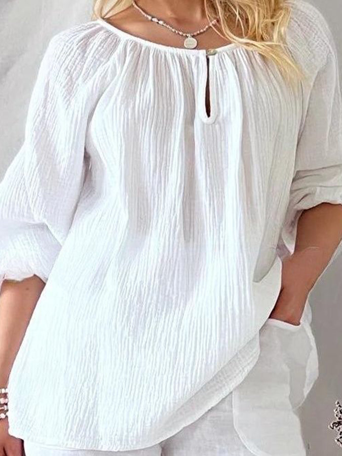 Long Sleeves Round Neck Cotton-linen Blouses