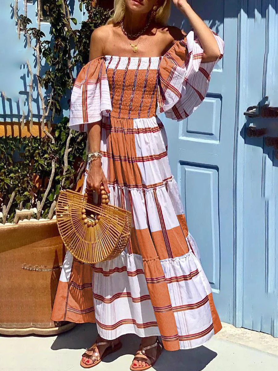 Off Shoulder Ruffle Sleeves Stripes Swing Maxi Dress