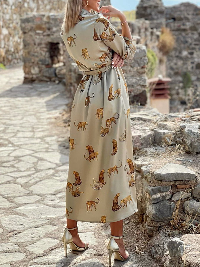 Leopard Printed V-neck Long-sleeve Swing Maxi Dress