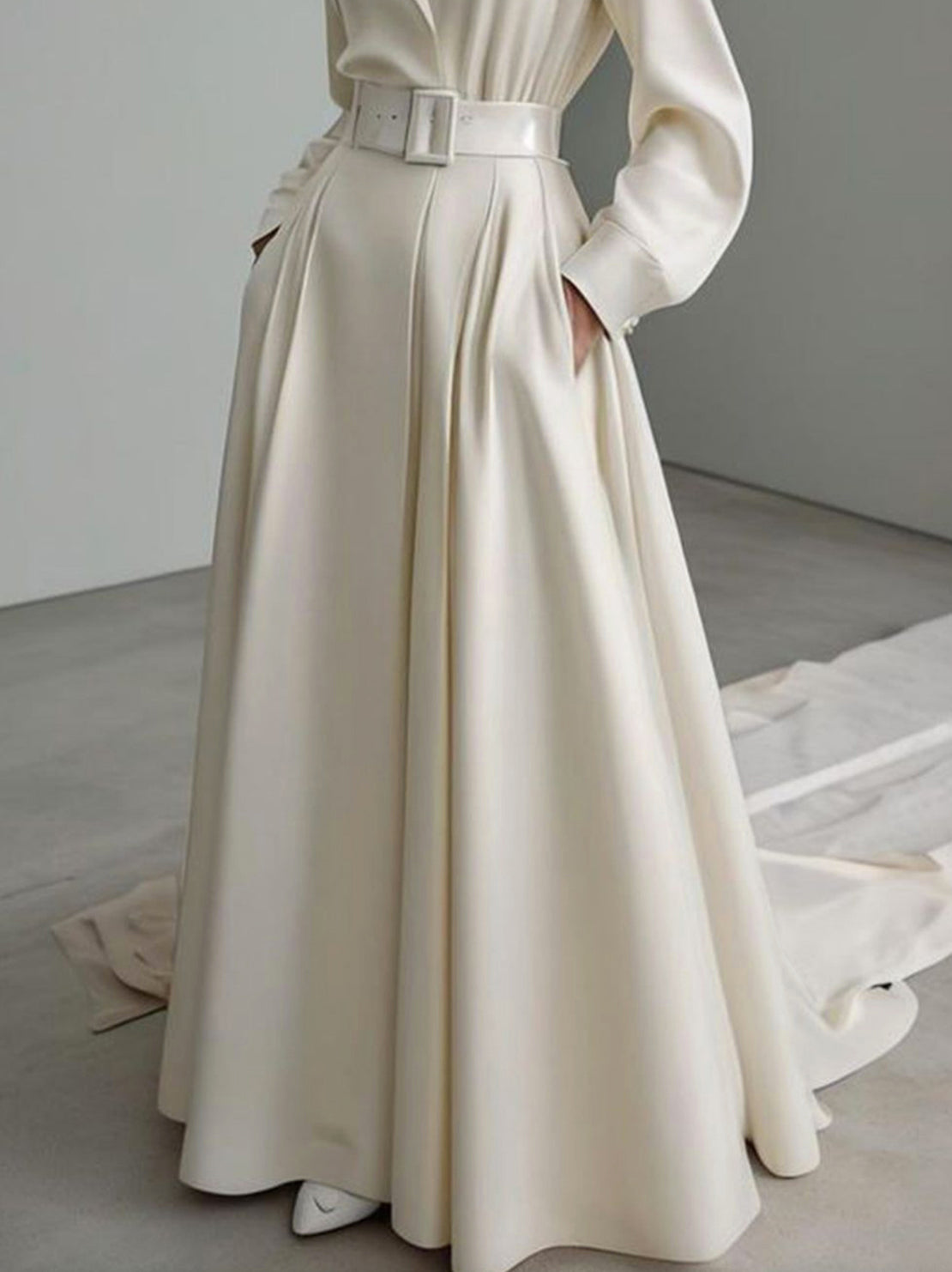 Long Sleeves Loose No Belt Color Notched Collar Maxi Dresses
