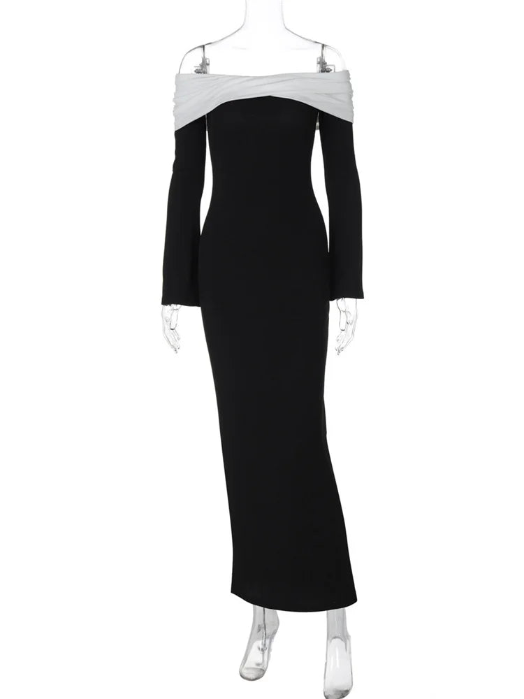 Contrast Slim Maxi Dress Female Off-shoulder Twist Long Sleeve Patchwork Dress Party Dress Clothes