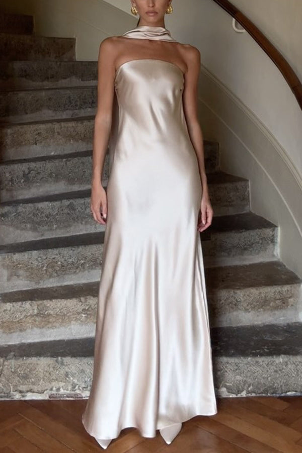 Satin Color Strapless Slim Maxi Dress