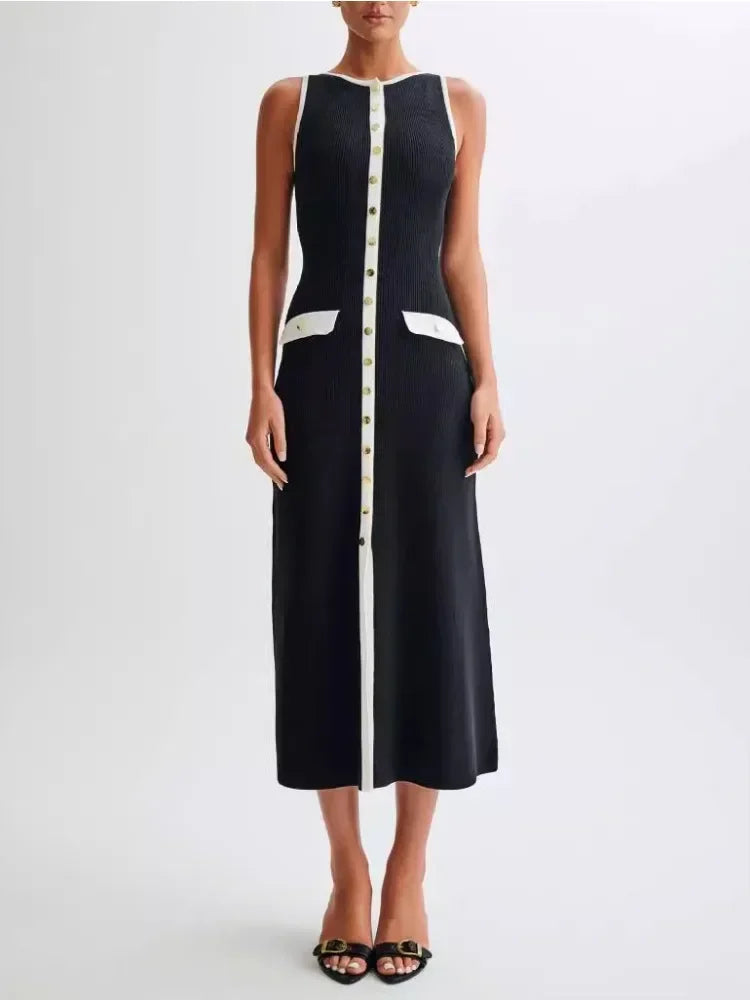 Knit Ribbed Long Dress for Slim Sleeveless Patchwork High Waist Pocket Dress ’s Maxi Dress
