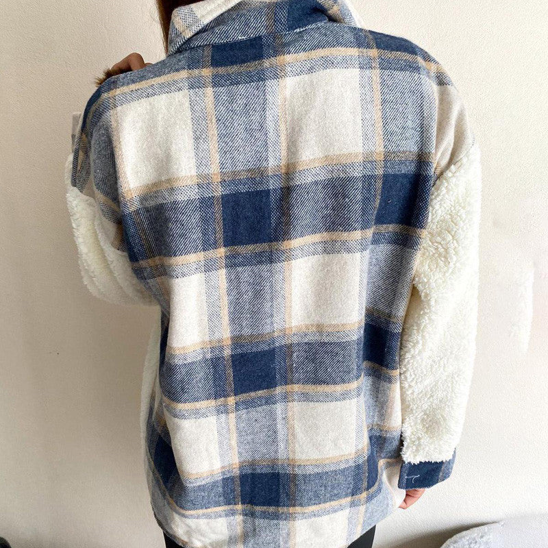Plaid Print Patchwork Cardigan Turndown Collar Outerwear(4 Colors)