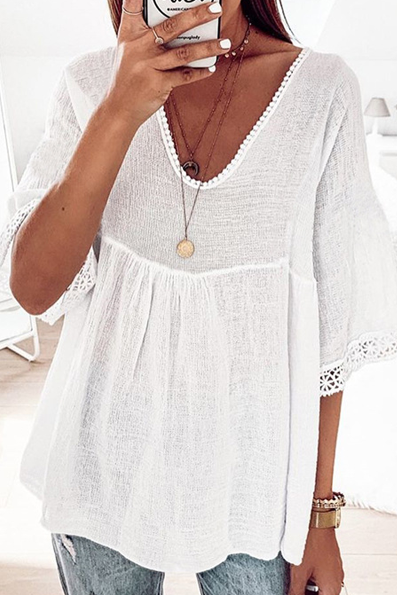 Lace Patchwork V Neck T-shirts