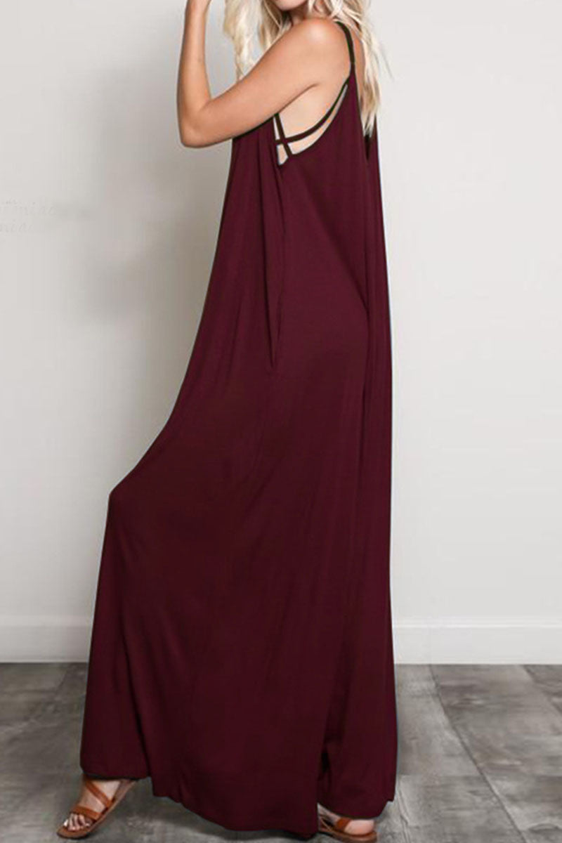 Street Patchwork V Neck Loose Jumpsuits