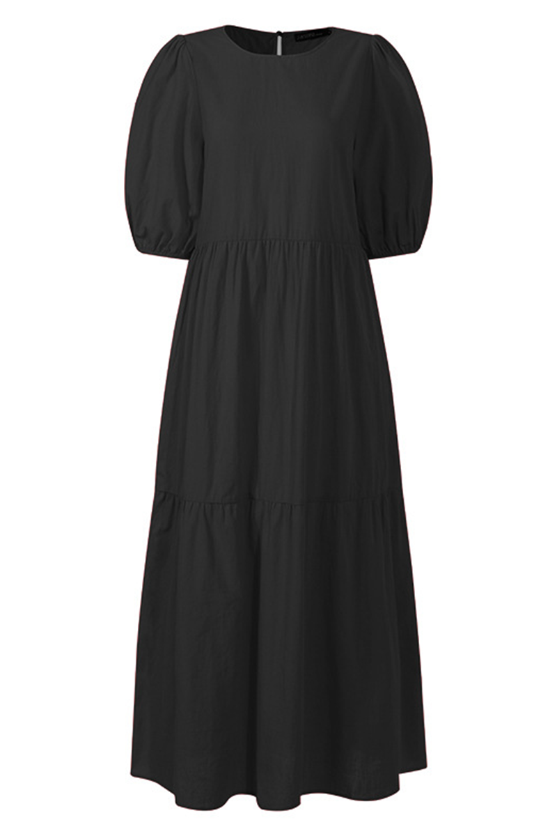 Patchwork Buttons O Neck Cake Skirt Dresses(3 Colors)