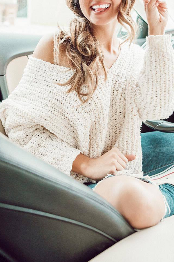 Hollowed Out Basic V Neck Sweater