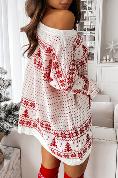 Wapiti Snowflakes Christmas Tree Printed Patchwork Contrast O Neck Dresses Sweater