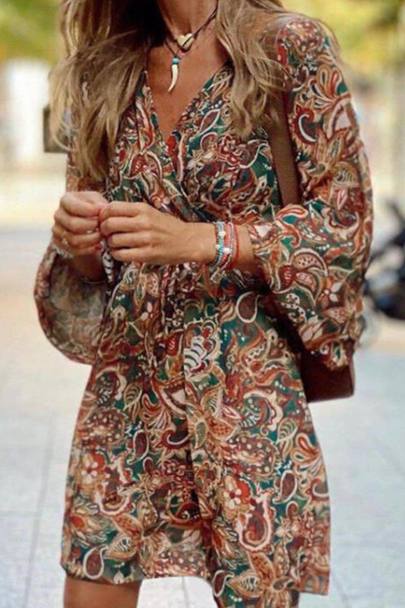 Print Split Joint V Neck Waist Skirt Dresses