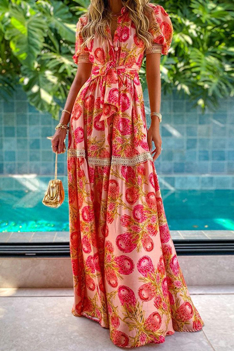 Print V Neck Cake Skirt Dresses