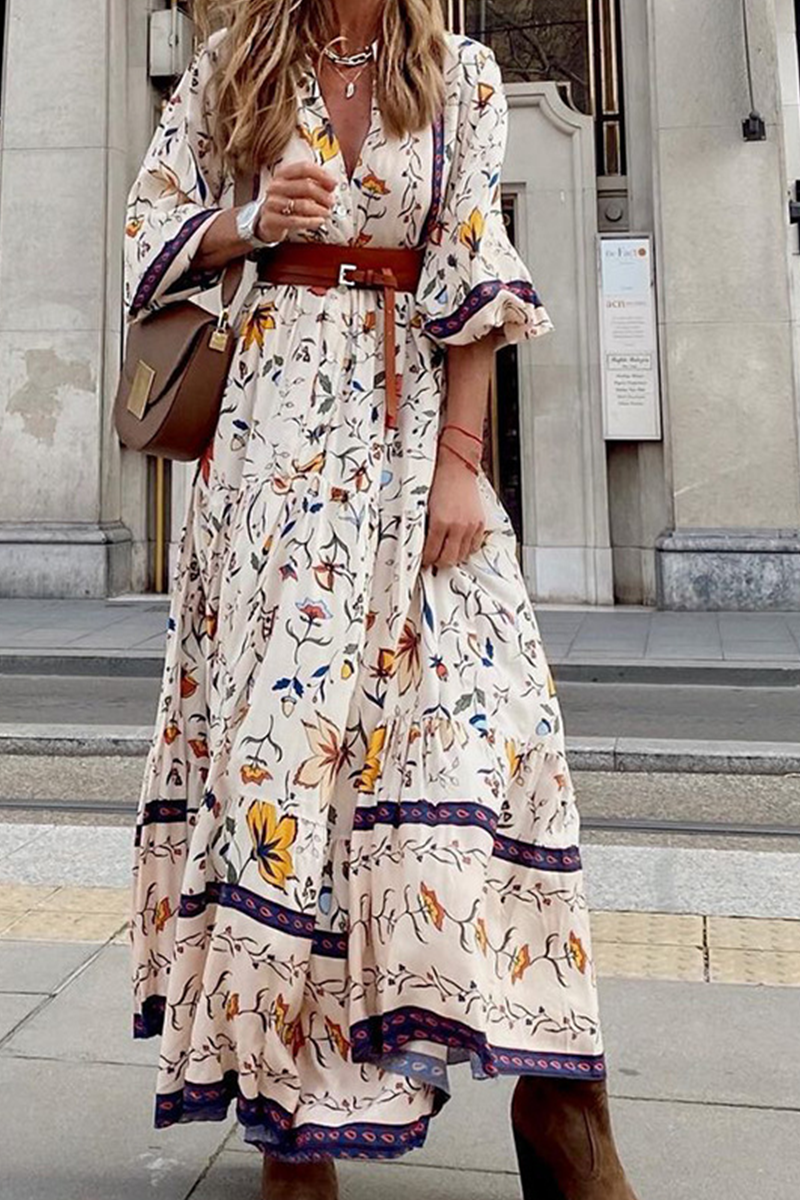 Print Patchwork V Neck Cake Skirt Dresses