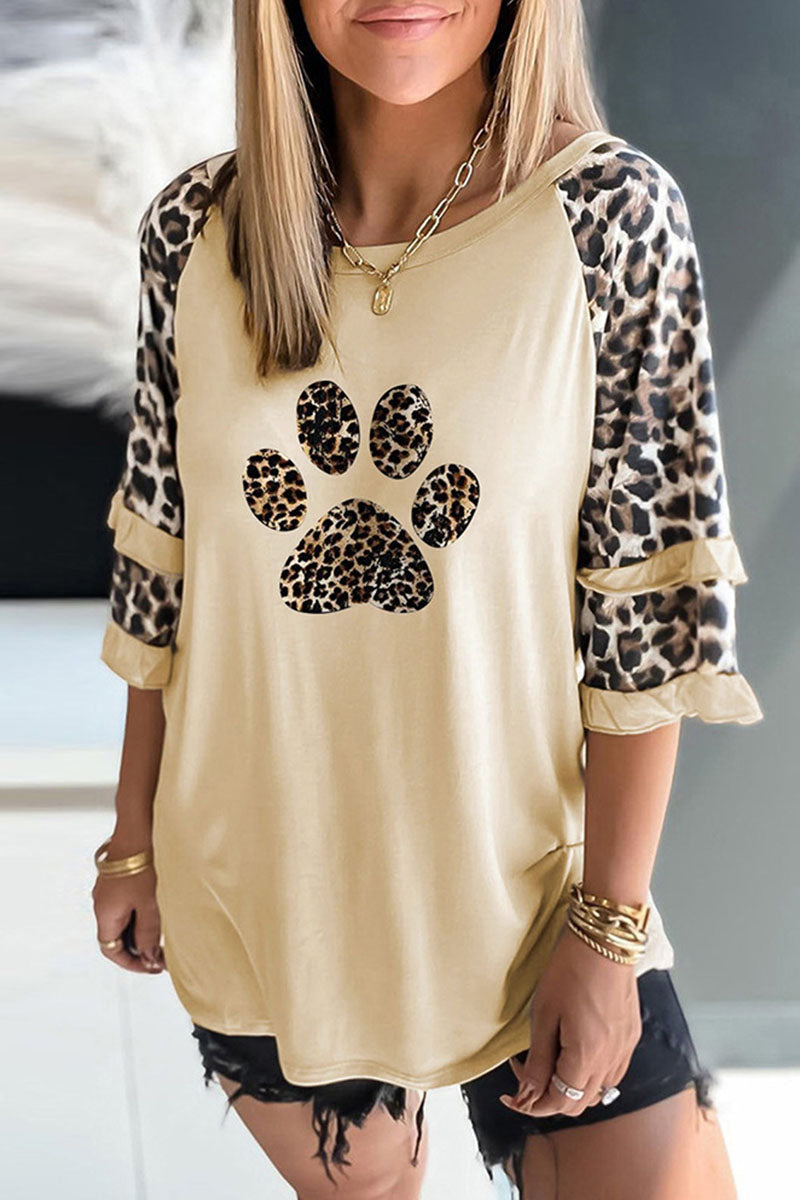 Print Leopard Patchwork O Neck T-shirts(5 Colors)