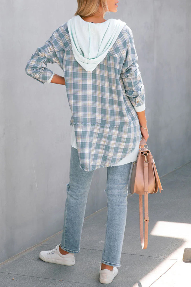 Plaid Striped Patchwork Hooded Collar Blouses