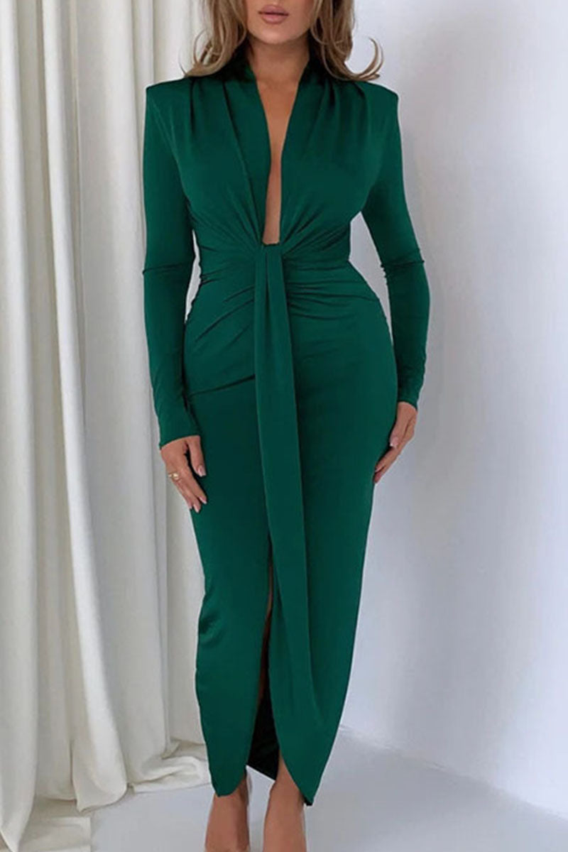 Patchwork Slit Fold Asymmetrical V Neck One Step Skirt Dresses