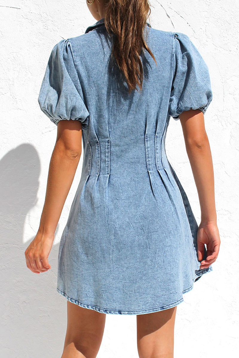 Sweet Zipper Turndown Collar Short Sleeve Regular Denim Dresses