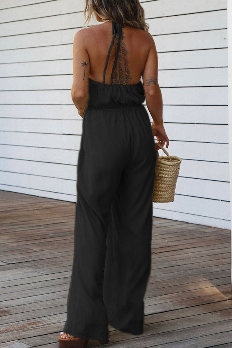 Backless V Neck Regular Jumpsuits(3 Colors)