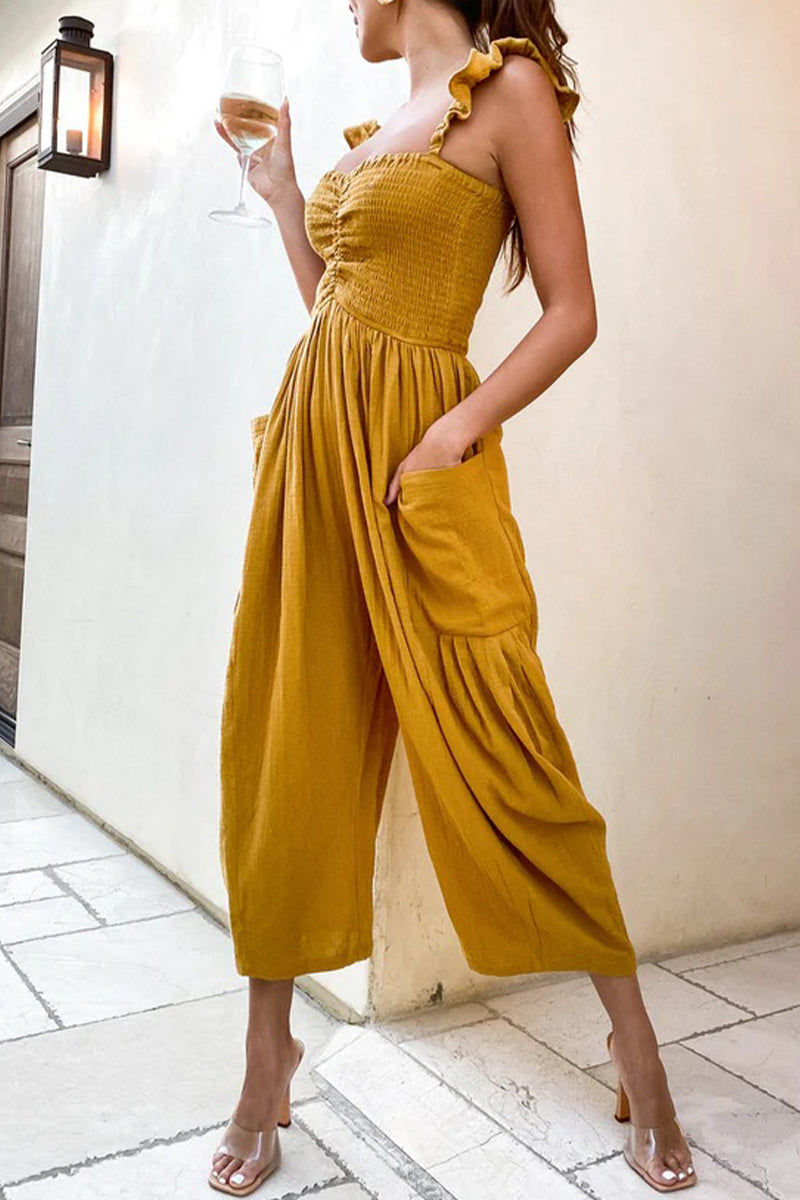 Street Patchwork Pocket Spaghetti Strap Straight Jumpsuits(4 Colors)