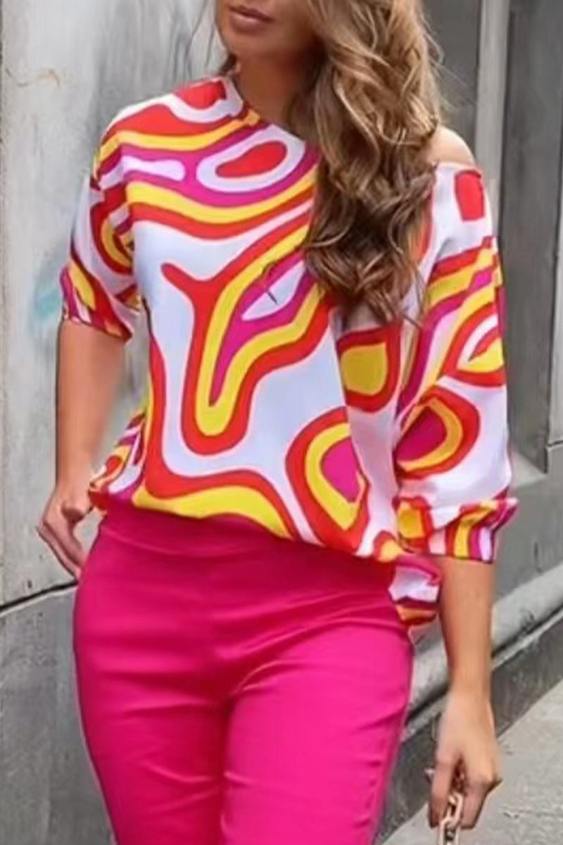 Work Print Patchwork Oblique Collar T-shirts(7 Colors)