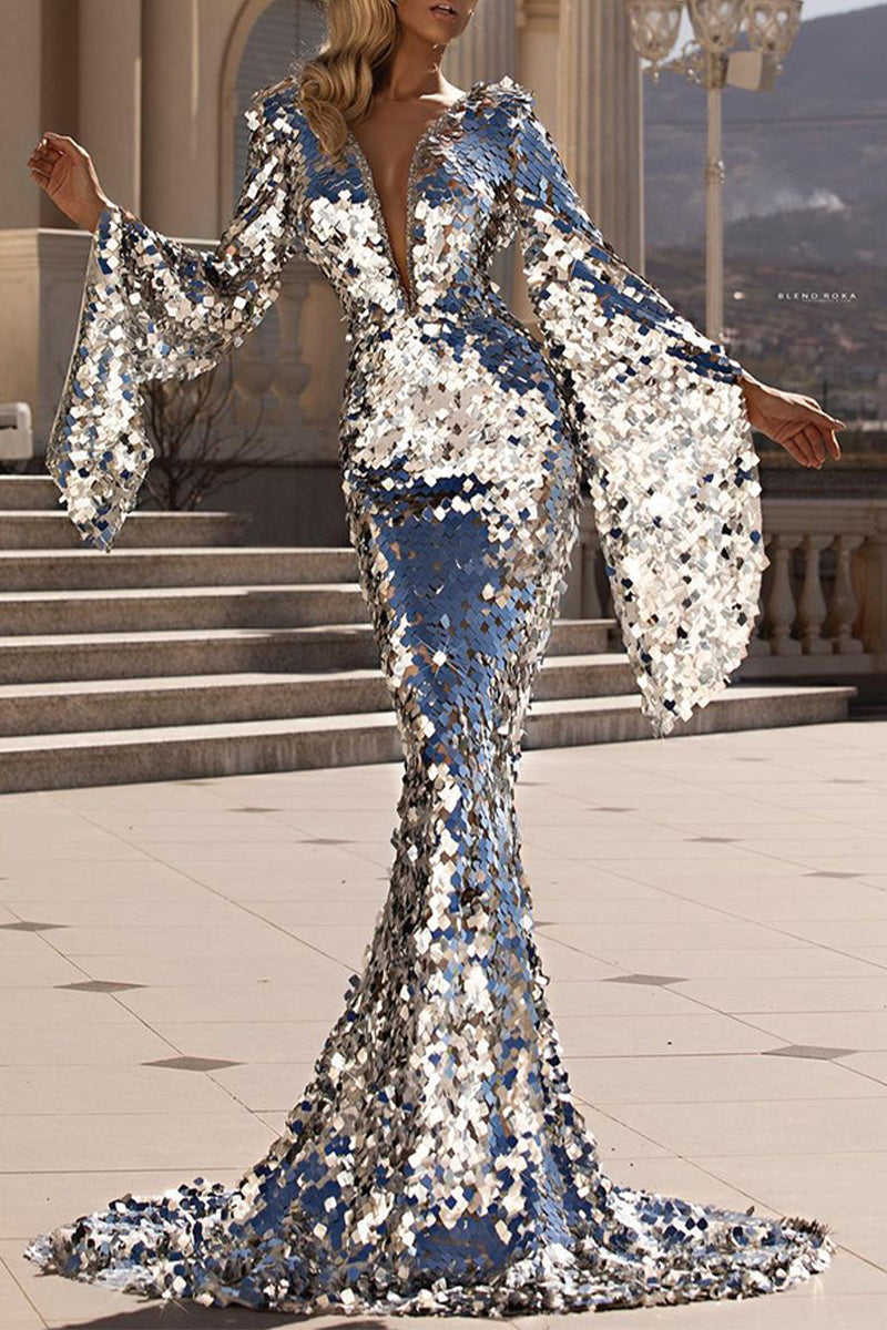 Formal Patchwork V Neck Wrapped Skirt Dresses