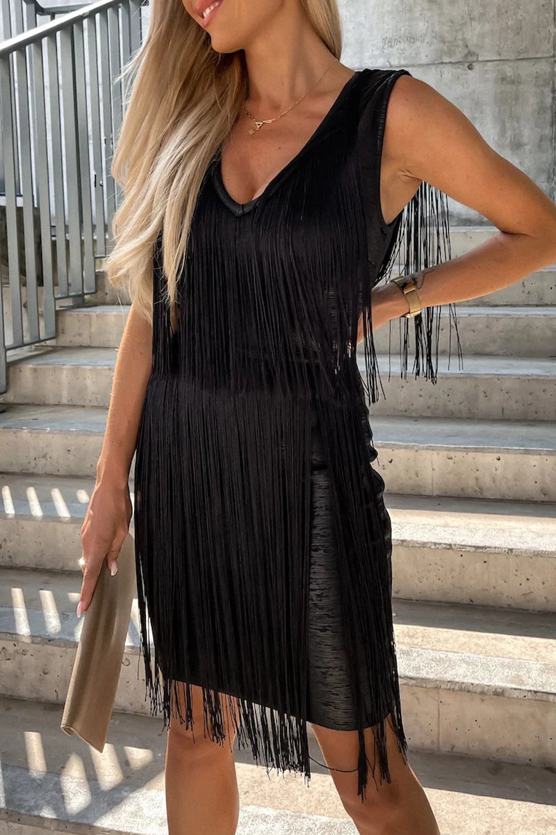 Party Tassel V Neck Wrapped Skirt Dresses