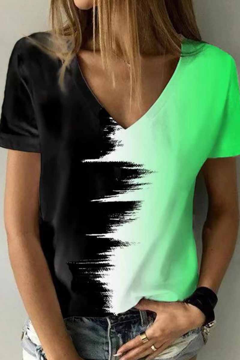 Street Print Patchwork V Neck T-shirts