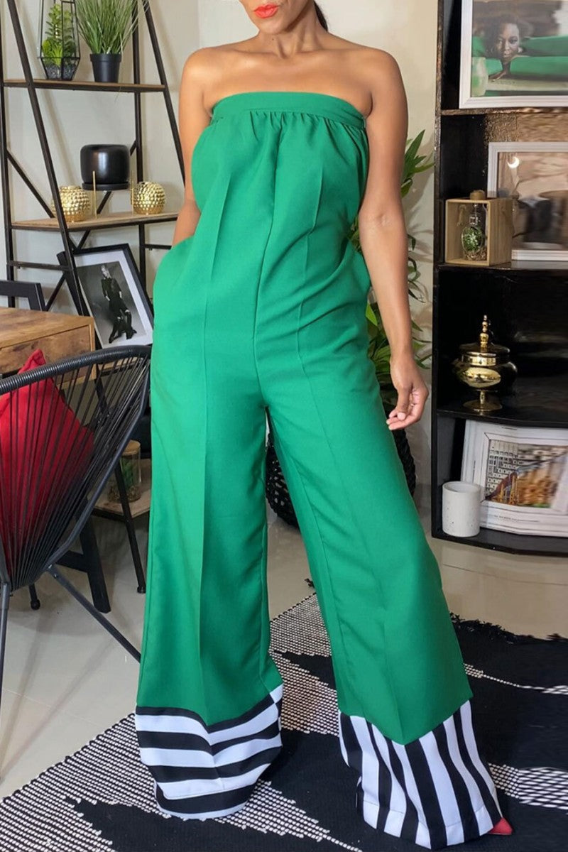 Patchwork Backless Strapless Regular Jumpsuits