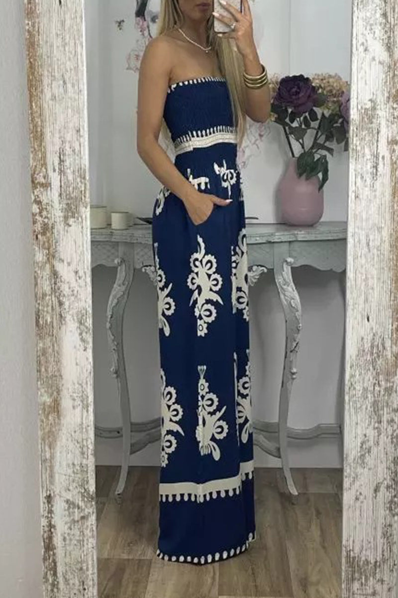 Print Pocket Strapless Loose Jumpsuits(3 Colors)