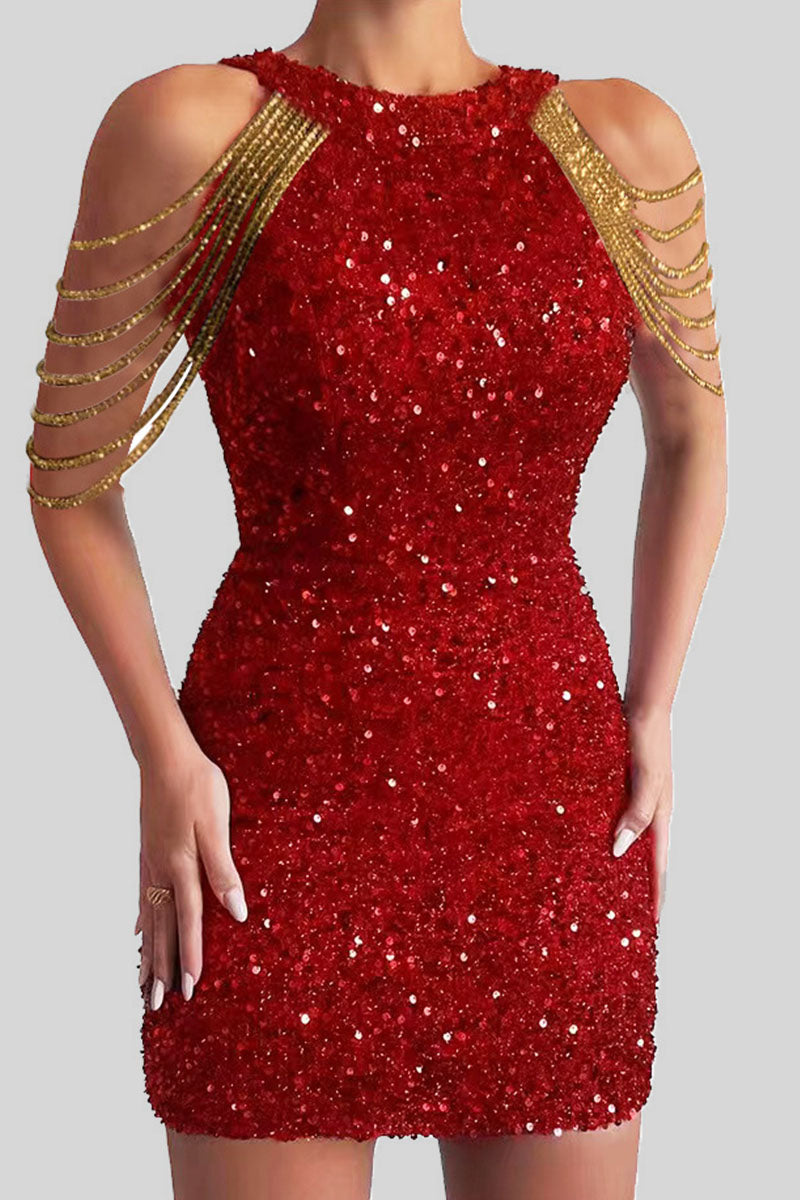 Sequins Patchwork Chains O Neck Pencil Skirt Dresses