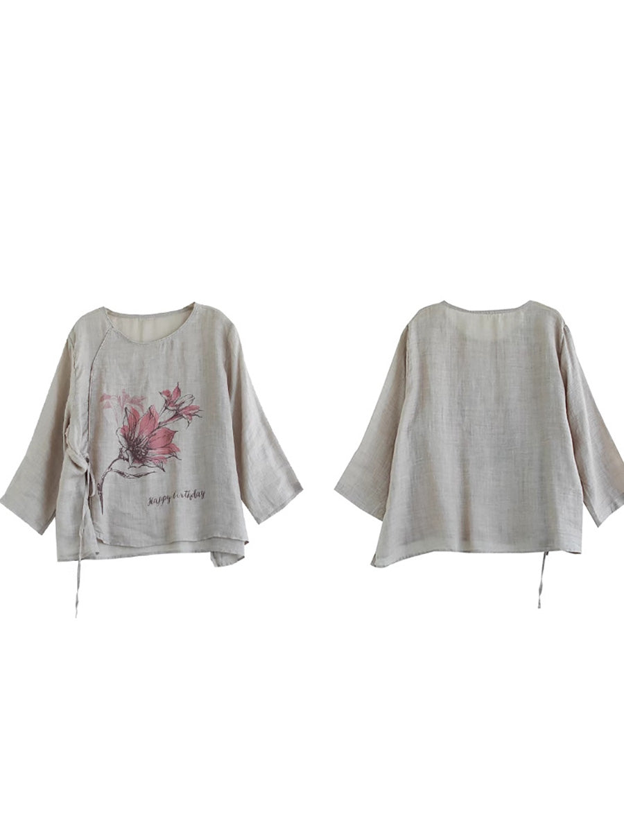 Spring Flower Strap Ramie Blouse Kl1039