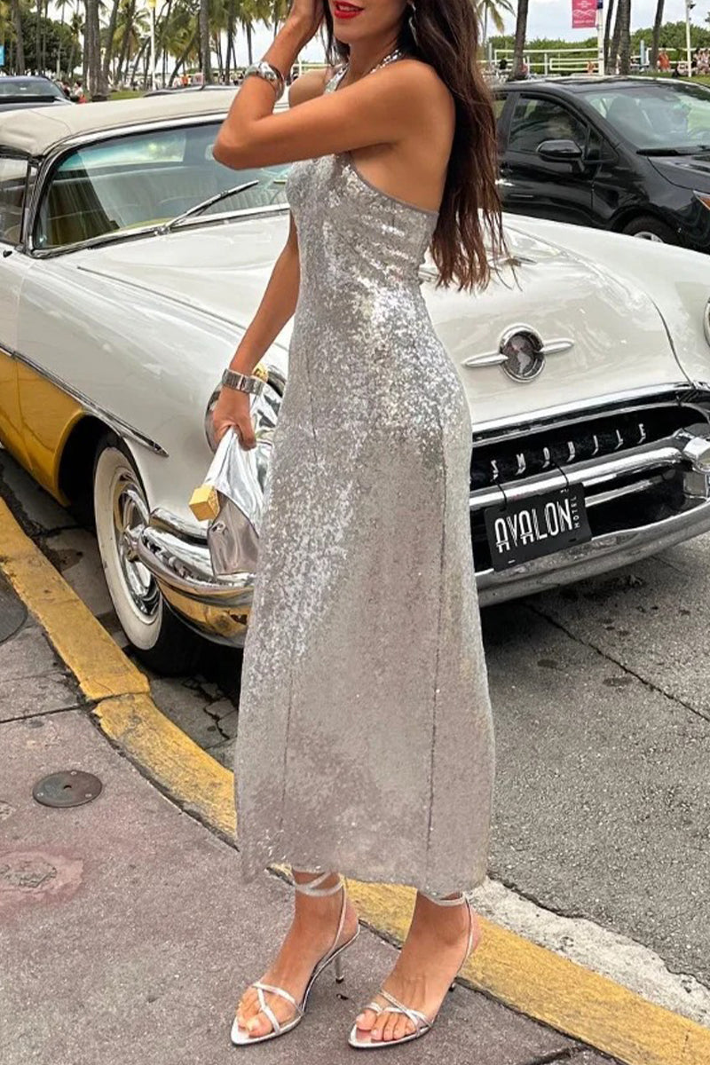 Sequins Backless Halter One Step Skirt Dresses