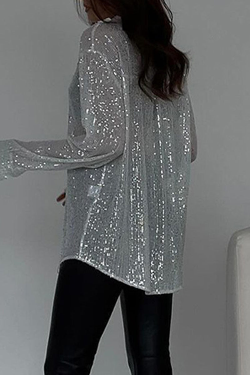 See-through Sequined Turndown Collar Blouses