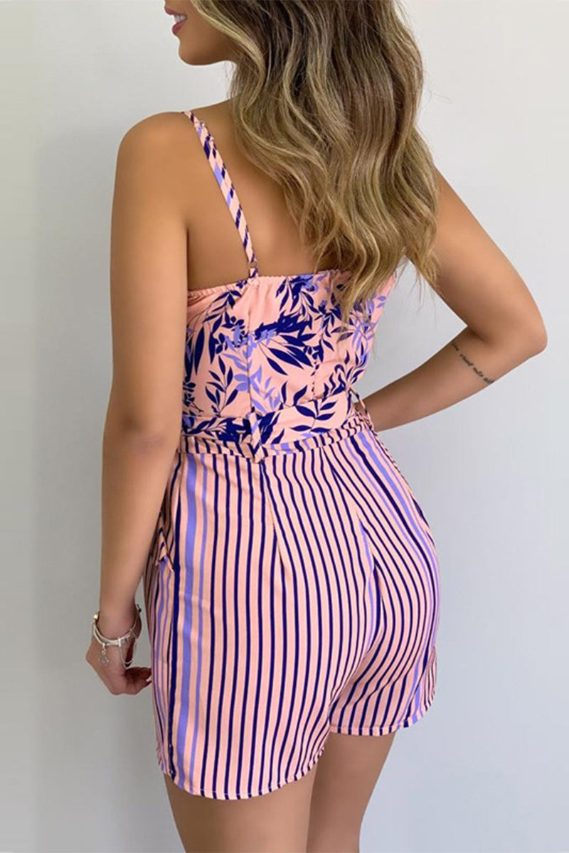 Geometric Print Bandage Patchwork V Neck Regular Rompers