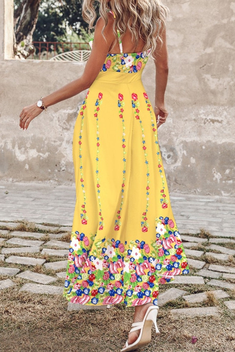 Print Backless Slit Spaghetti Strap Long Dresses