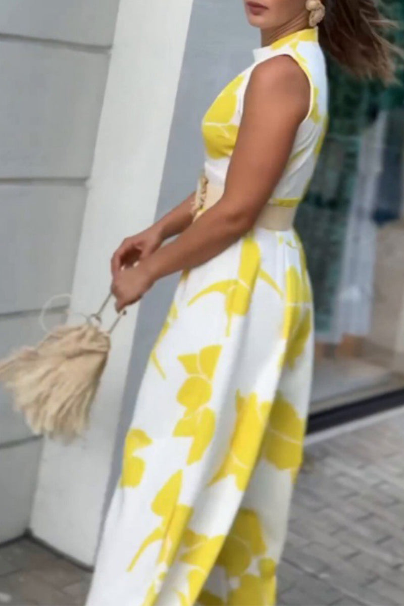Print Flowers Patchwork Without Belt O Neck Loose Jumpsuits(no Belt)