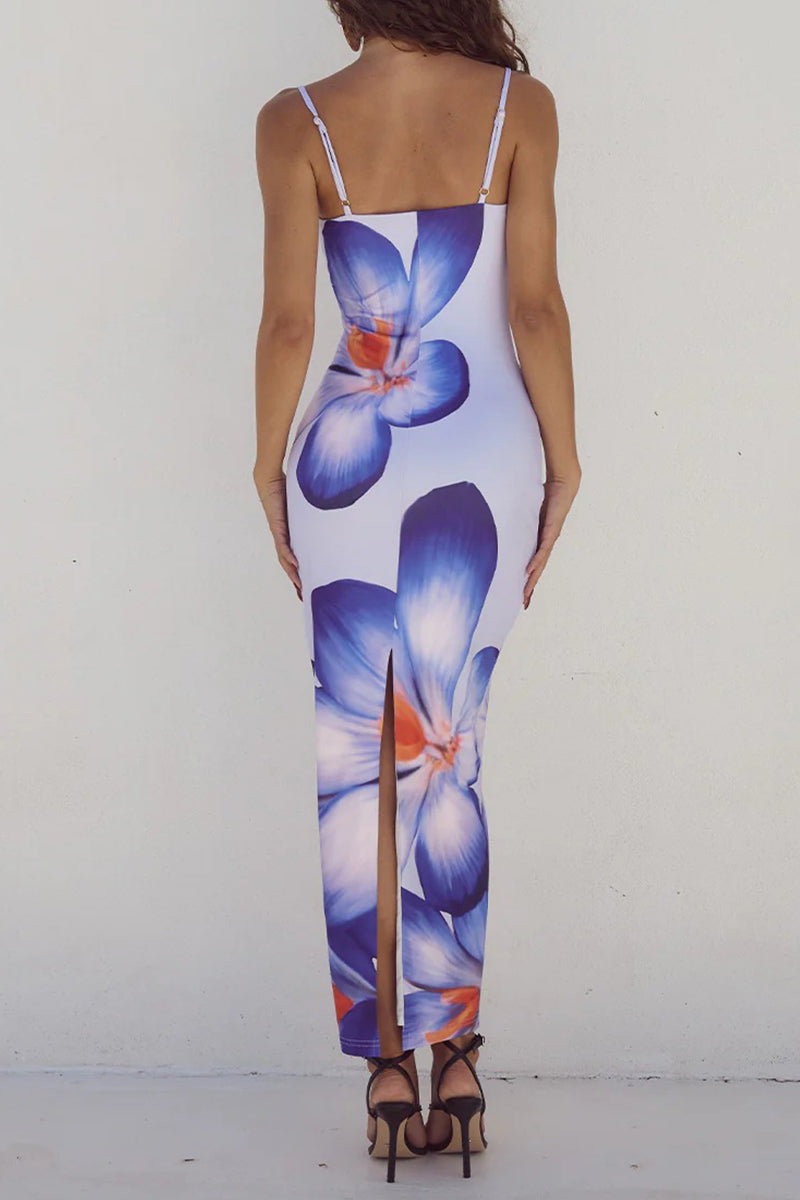 Print Flowers Square Collar One Step Skirt Dresses