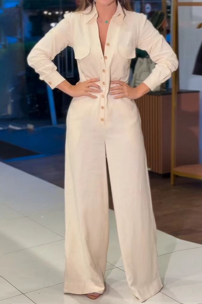 Color Pocket Turndown Collar Regular Jumpsuits