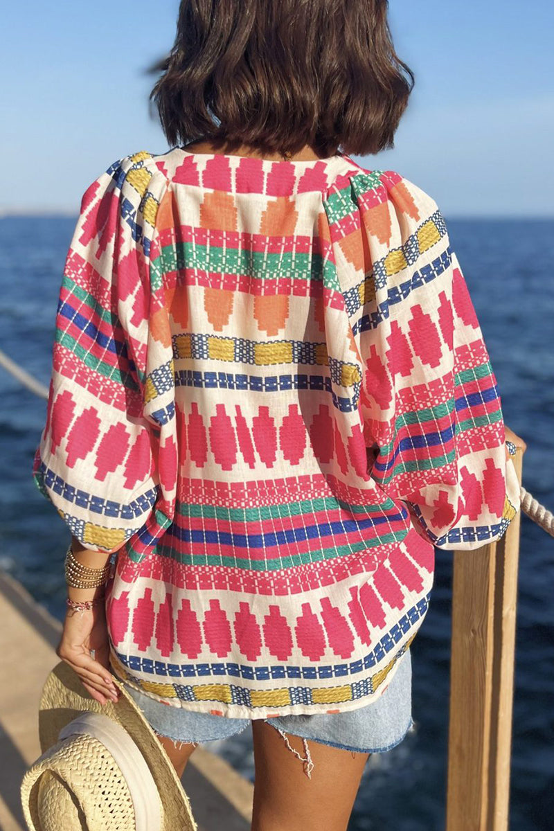 Vacation Geometric Print Buttons V Neck Blouses