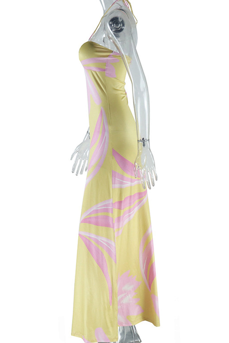 Print Backless Belted Halter Long Dresses