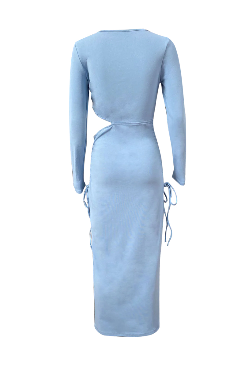 Daily Hollow Out Draw String O Neck One Step Skirt Dresses
