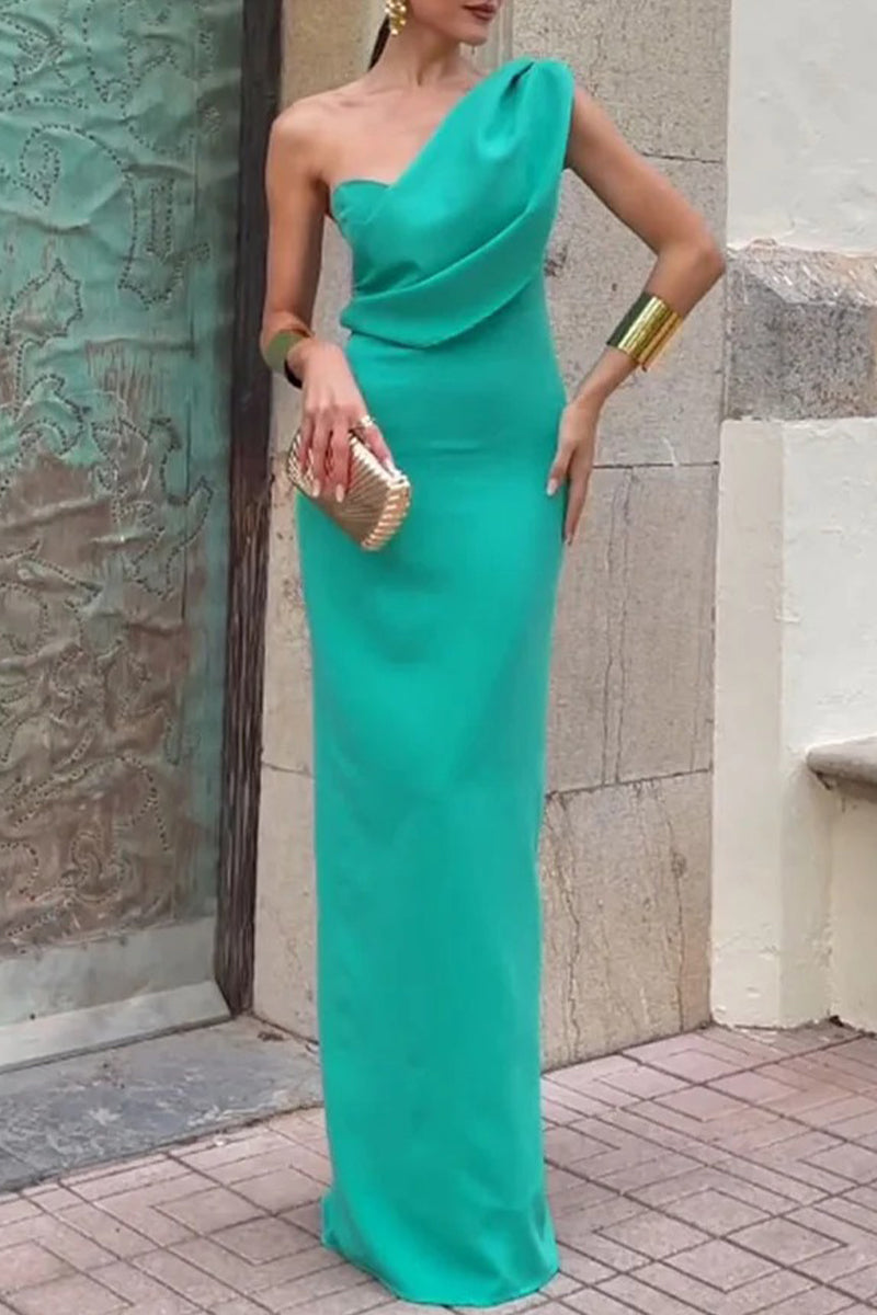Slit Ruched Irregular Sloping Shoulder One Step Skirt Dresses