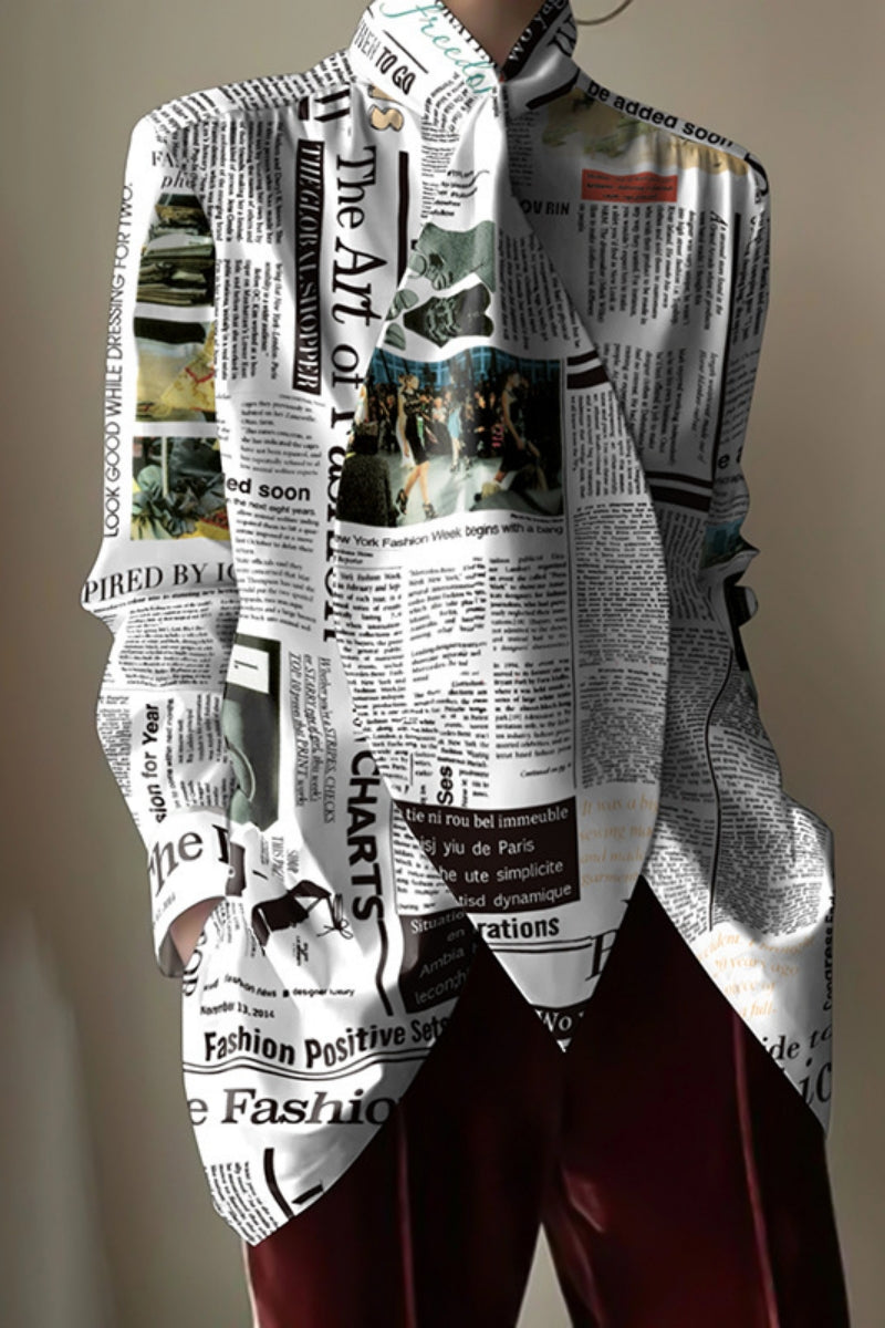 Newspaper Printing Mandarin Collar Blouses