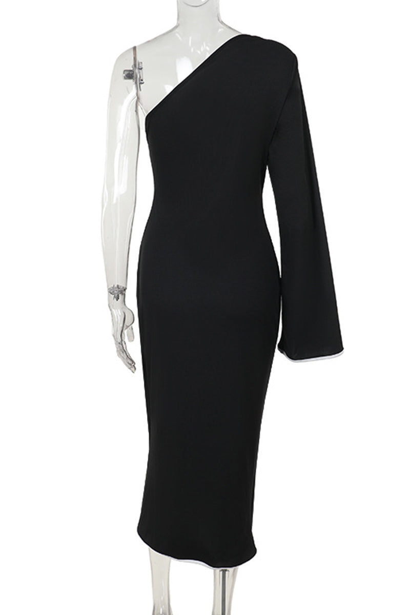 Patchwork Backless Strap Design Contrast Oblique Collar Long Dresses