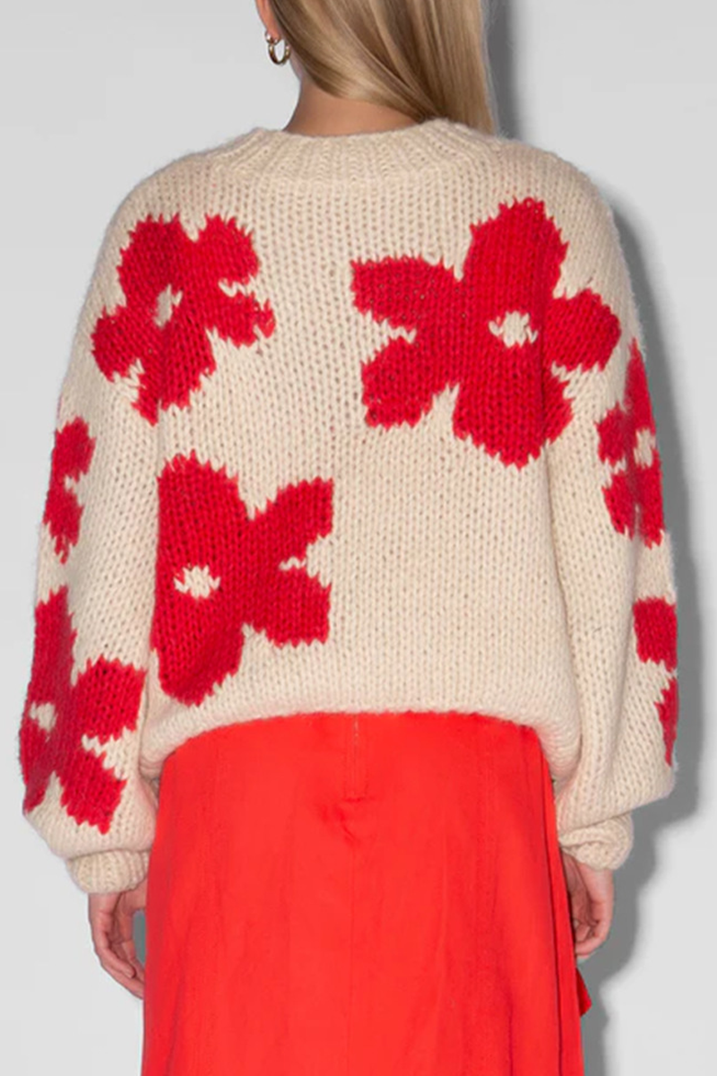 Street Flowers Weave Contrast O Neck Sweaters